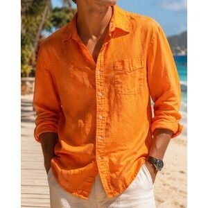 Sean John Mens XL Linen Shirt Button Up Long Sleeve Orange Casual